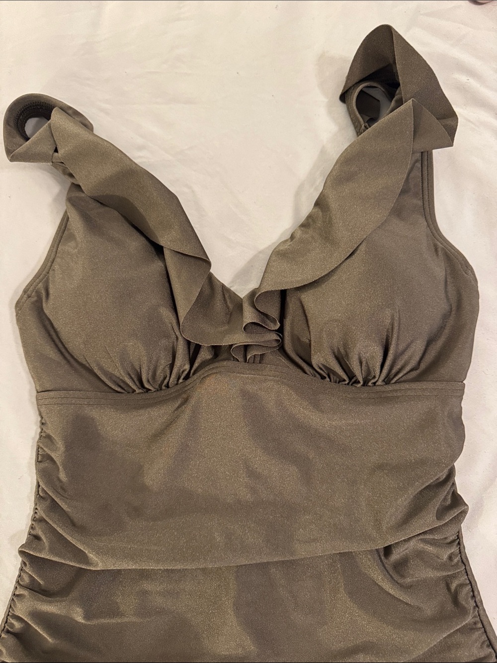 DKNY Ruched Olive Green One-Piece Swimsuit with Ruffle V-Neck - Picture 6 of 11